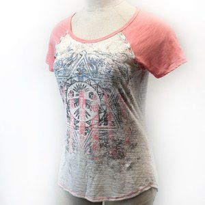 Maurices Plus Beige Decorated Rhinestones Pink Sleeves Top Blouse, Size 0 - 0X